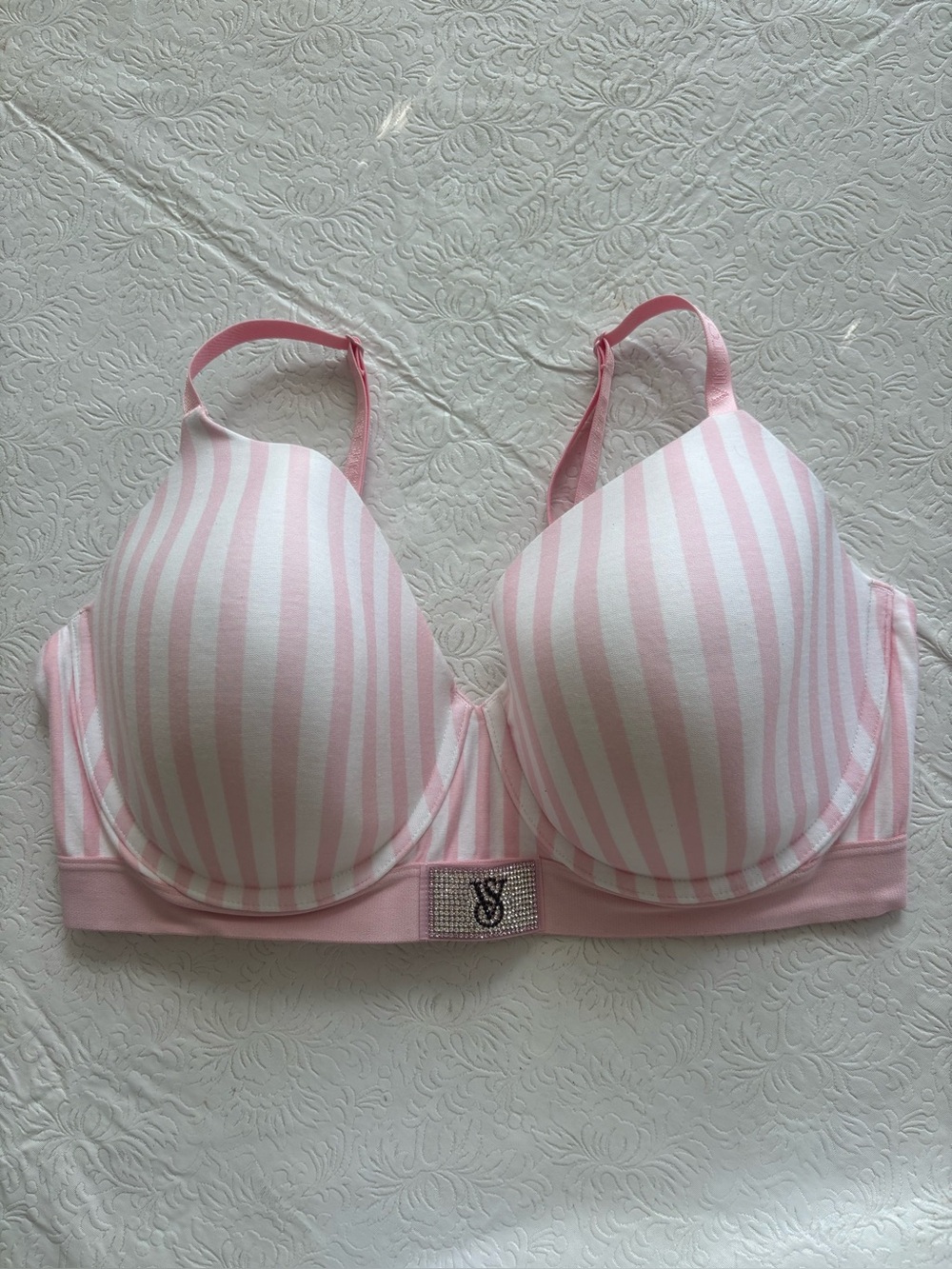 Victoria Secret Perfect Shape Pink & White Striped Push-Up Bra, Size 38 DD